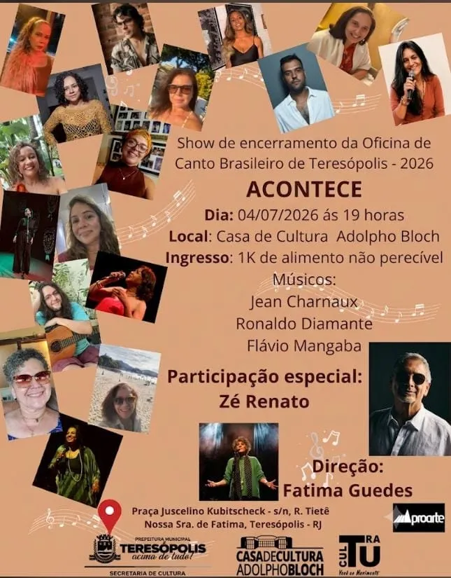 Casa de Cultura de Teresópolis recebe o show 'Acontece', com Fátima Guedes e participação especial do cantor Zé Renato