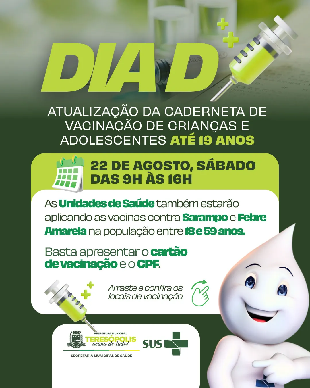 Dia D de atualização da caderneta de vacinação de crianças e adolescentes neste sábado, 22, em Teresópolis
