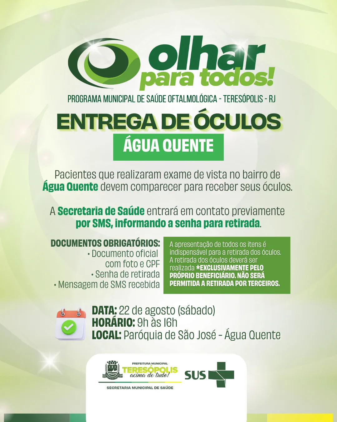 Prefeitura de Teresópolis entrega óculos a pacientes em Água Quente